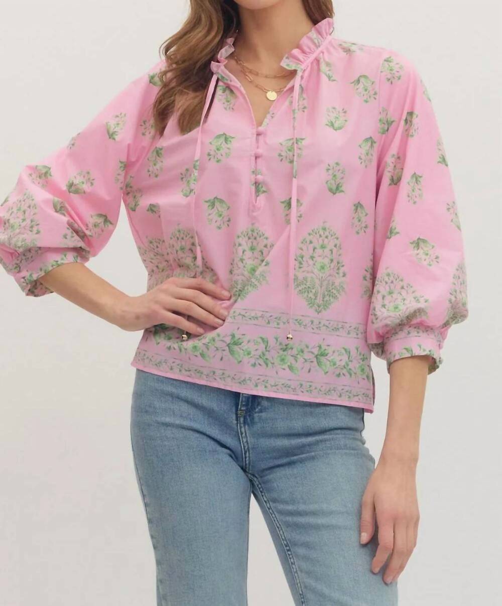 NEW ENTRO botanical print 3/4 sleeve top in pink
